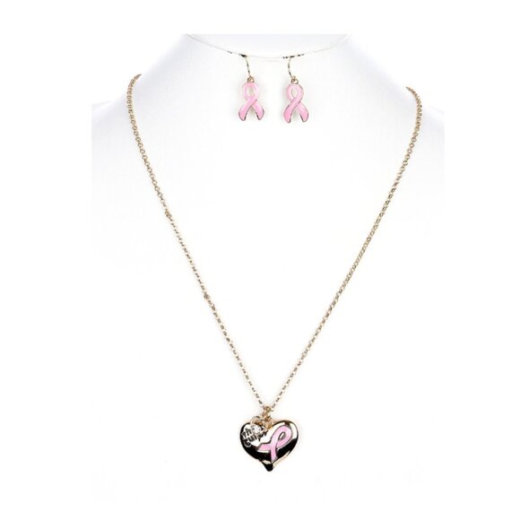 Goldtone The Cure Breast Cancer Awareness Ribbon Necklace Set - Picture 1 of 2